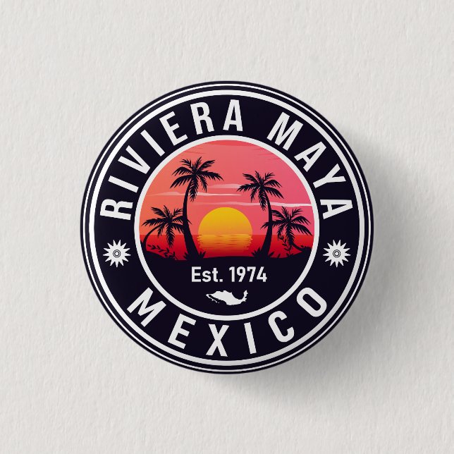 Macaron Rond 2,50 Cm Riviera Maya Mexico Retro Sunset Souvenirs 60s (Devant)