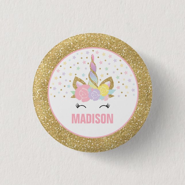 Macaron Rond 2,50 Cm Rose et or de Pin de partie de faveur de licorne (Devant)