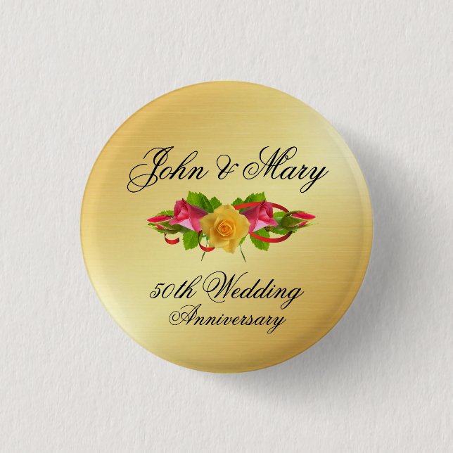 Macaron Rond 2,50 Cm Roses et Gold 50e anniversaire Mariage personnalis (Devant)