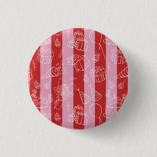 Macaron Rond 2,50 Cm Rouge et rose rayé avec dessins de fête par-dessus