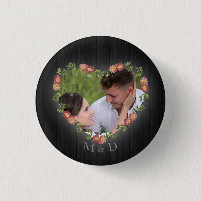 Macaron Rond 2,50 Cm Rustique Bois Floral Coeur Photo personnalisée (Devant)
