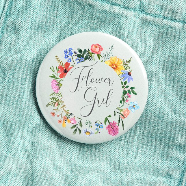 Macaron Rond 2,50 Cm Script Fille Fleur de Mariage Fleur Sauvage  (Flower Girl Wildflower Watercolor Floral Wreath Wedding Button
)