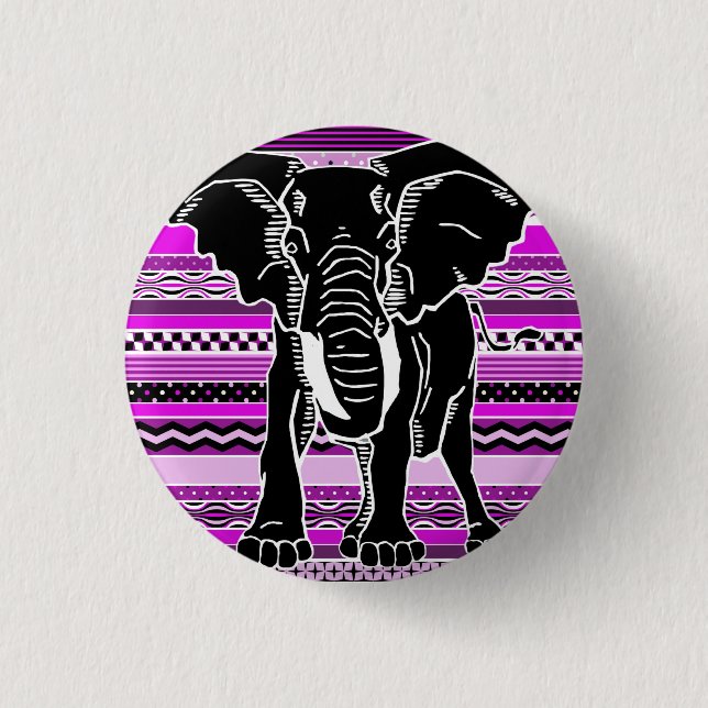 Macaron Rond 2,50 Cm Silhouette d'éléphant sur bandes à motifs pourpres (Devant)