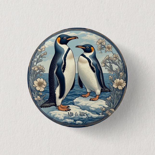 Macaron Rond 2,50 Cm Snow Winter Glacier Blue Mr & Mrs Penguin Couple  (Devant)