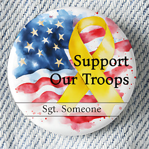Macaron Rond 2,50 Cm Soutien Nos troupes Sensibilisation Jaune Ruban Pe