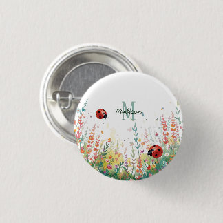 Macaron Rond 2,50 Cm Spring Watercolor ladybug Floral Monogram Wildflow