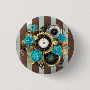 Macaron Rond 2,50 Cm Steampunk Clock and Turquoise Roses on Striped