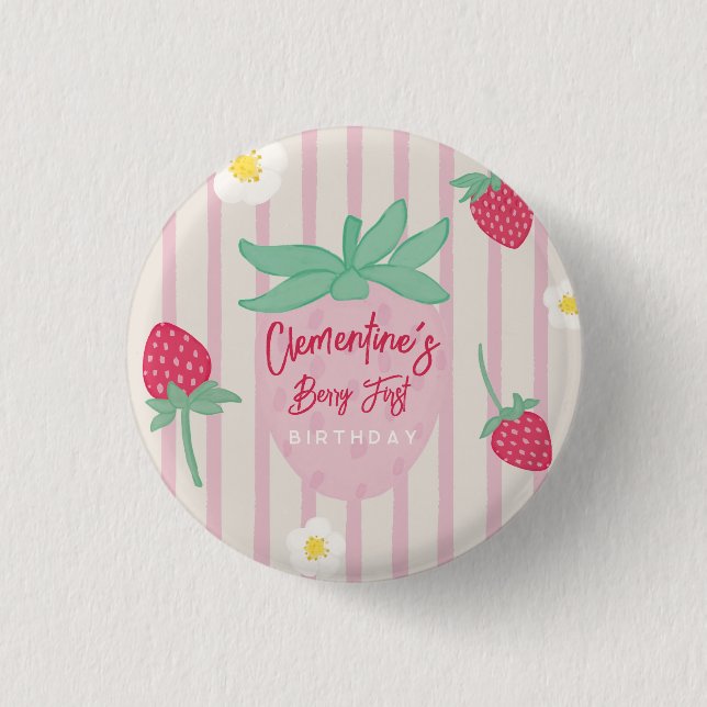 Macaron Rond 2,50 Cm Strawberry Berry First Birthday  (Devant)