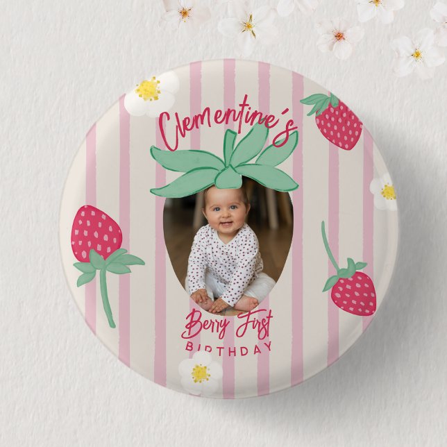 Macaron Rond 2,50 Cm Strawberry Berry First Birthday Button with Photo (Créateur téléchargé)