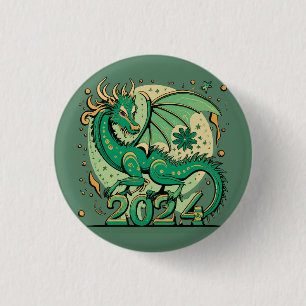 Macaron Rond 2,50 Cm Symbole 2024 Nouvel An, Dragon de Bois Vert