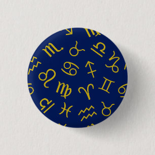 Macaron Rond 2,50 Cm Symboles des signes d'astrologie Motif Gold+Dk Blu