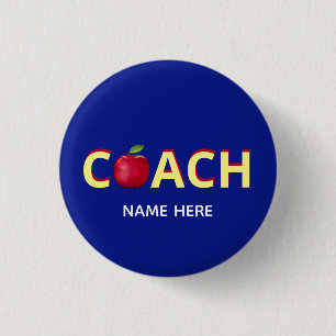 Macaron Rond 2,50 Cm Texte de coach avec pomme rouge sur fond bleu