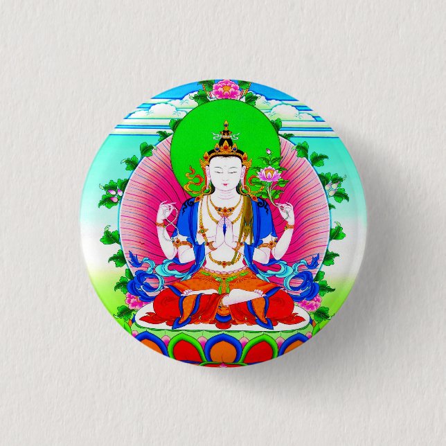 Macaron Rond 2,50 Cm Thangka tibétain frais Shadakshari Avalokiteshvara (Devant)