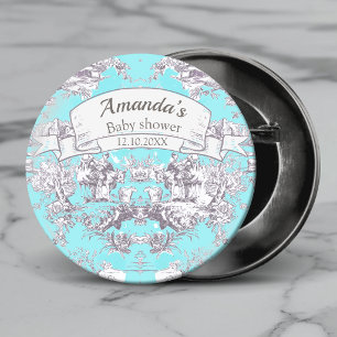 Macaron Rond 2,50 Cm Toile de Jouy florale vintage bleu aqua monogramme