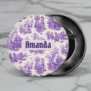 Macaron Rond 2,50 Cm Toile de Jouy Florale Violette Vintage Monogramme