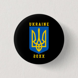 Macaron Rond 2,50 Cm UKRAINE Coat of Arms and Year on BLACK