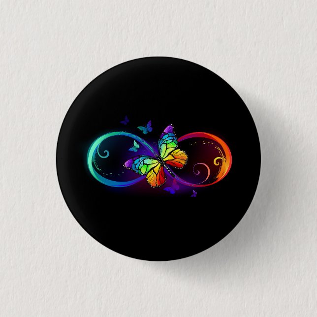 Macaron Rond 2,50 Cm Vibrant infinity with rainbow butterfly on black (Devant)