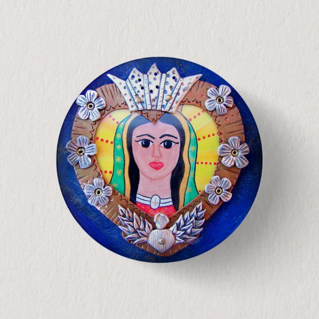 Macaron Rond 2,50 Cm Vierge de Guadalupe bouton Coeur (Devant)