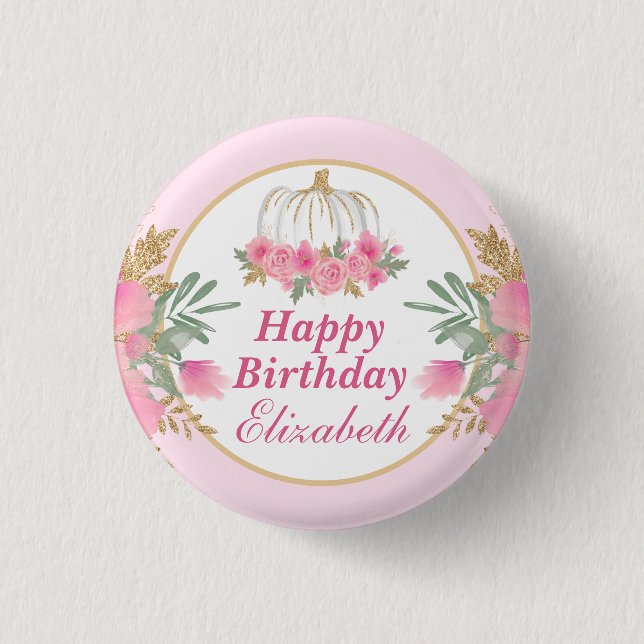 Macaron Rond 2,50 Cm Watercolor Pink Pumpkin Gold Happy Birthday (Devant)