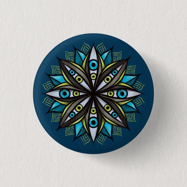 Macaron Rond 2,50 Cm Weird Eyes Mandala Art - Trippy Flower Blue Green (Devant)