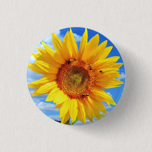 Macaron Rond 2,50 Cm Yellow Sunflower and Bees on Blue Sky Button