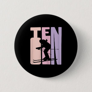 Macaron Rond 5 Cm 10e anniversaire Girl Retro Ski Lover Skier 10 ans