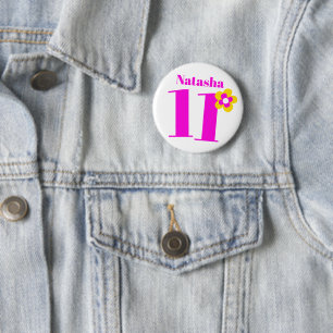 Macaron Rond 5 Cm 11e anniversaire fille bouton rose/badge