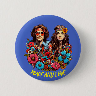 Macaron Rond 5 Cm 1960 Hippie Couple enfant à fleurs Peace & Love ar