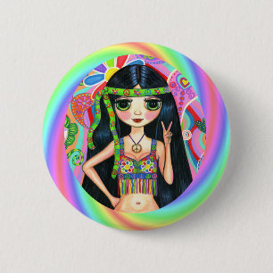 Macaron Rond 5 Cm 1960s, 1970s Rainbow Hippie Chick Peace Sign