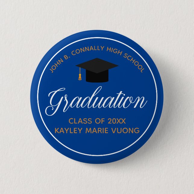 Macaron Rond 5 Cm 2025 Graduation Blue Gold Custom High School Nom (Devant)
