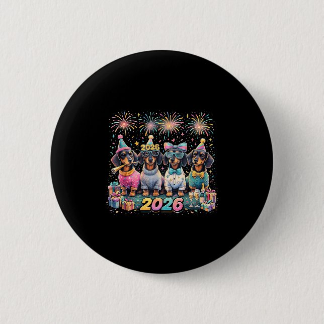 Macaron Rond 5 Cm 2026 New Year Dachshund Party Fireworks Fun  (Devant)