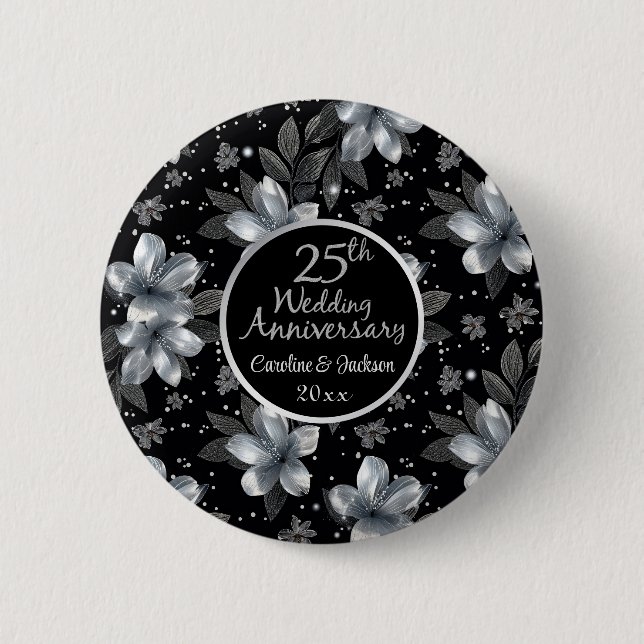 Macaron Rond 5 Cm 25e anniversaire de la Parties scintillant d'argen (Devant)