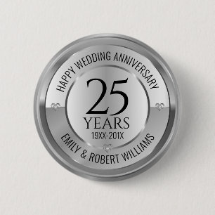 Macaron Rond 5 Cm 25e anniversaire du mariage bouton noir et argent