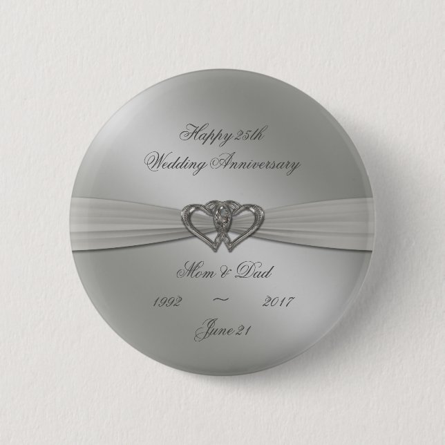 Macaron Rond 5 Cm 25ème bouton d'anniversaire de mariage d'argent (Devant)