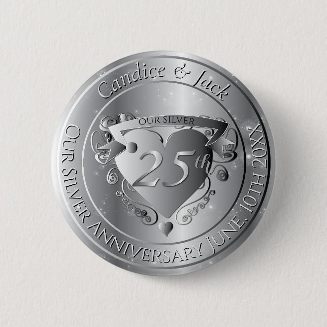 Macaron Rond 5 Cm 25th Wedding Anniversary Silvery Heart (Devant)