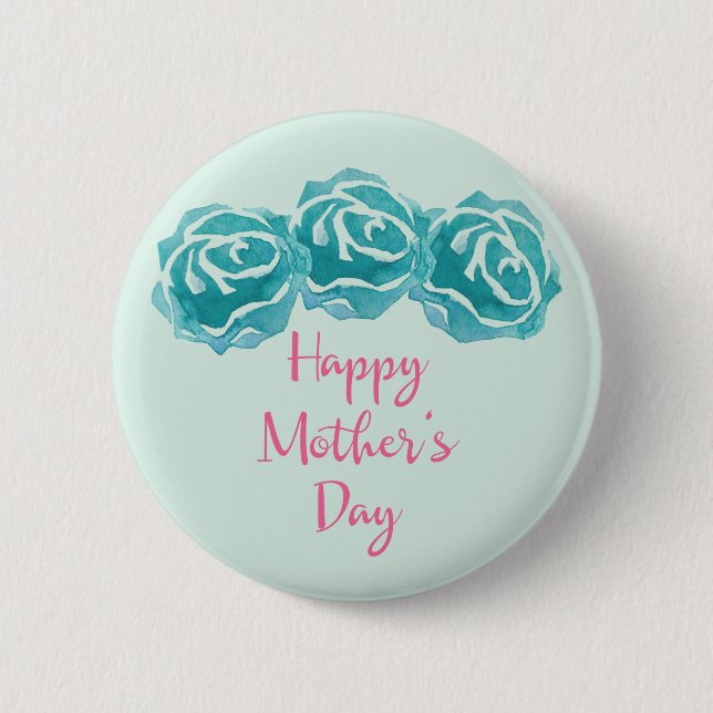Macaron Rond 5 Cm 3 Roses Turquoises d'aquarelle Bonne fête des mère (Devant)
