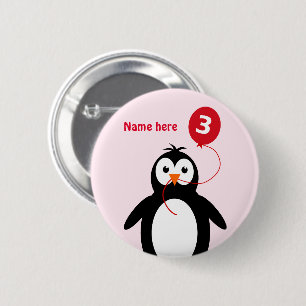 Macaron Rond 5 Cm 3e anniversaire pingouin ajouter nom rose