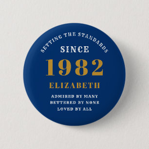 Macaron Rond 5 Cm 40e anniversaire 1982 Elégant or bleu chic