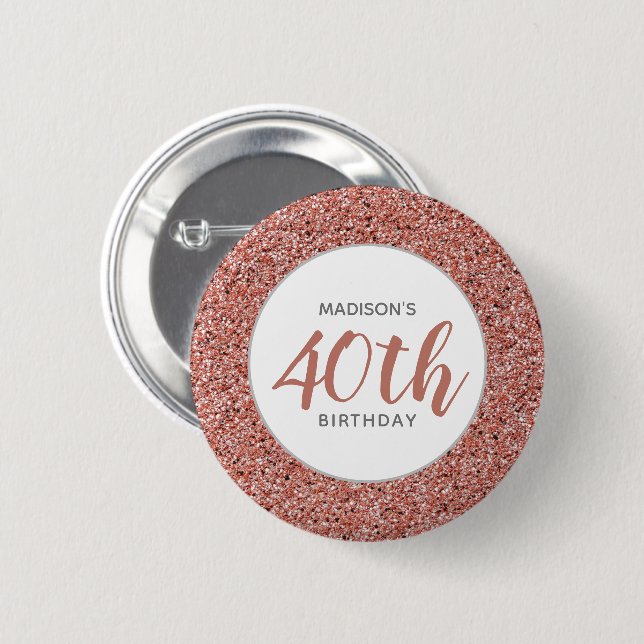 Macaron Rond 5 Cm 40e anniversaire Rose Parties scintillant d'or per (Devant & derrière)