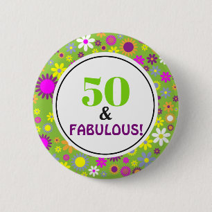 Macaron Rond 5 Cm 50 et floral vert vintage d'anniversaire fabuleux