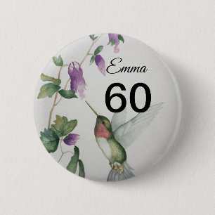 Macaron Rond 5 Cm 60e anniversaire Bouton Fleurs de jardin d'oiseaux