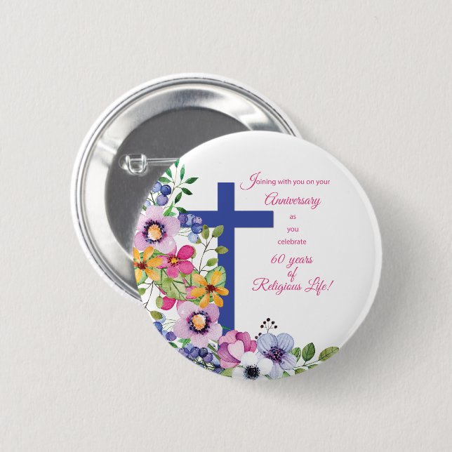 Macaron Rond 5 Cm 60e Anniversaire, Nun, Religious Life Cross (Devant & derrière)