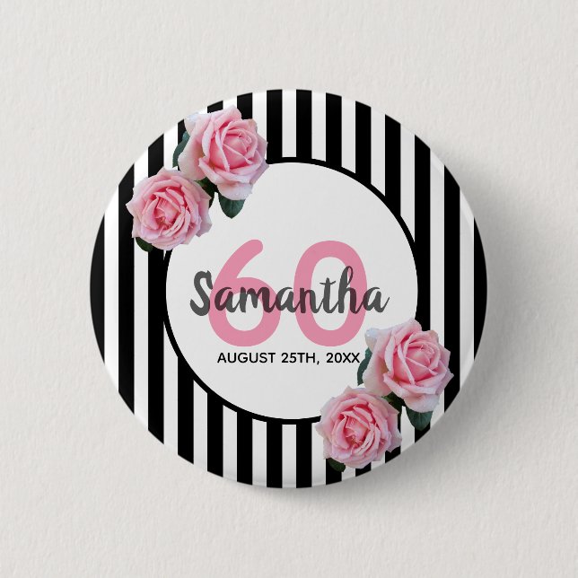 Macaron Rond 5 Cm 60e anniversaire rose roses noir blanc rayures (Devant)