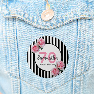 Macaron Rond 5 Cm 70e anniversaire rose roses noir blanc rayures