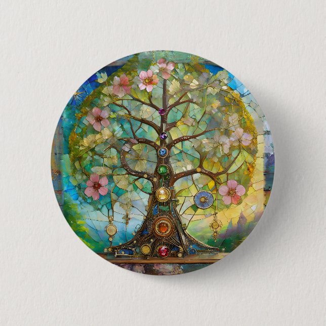Macaron Rond 5 Cm 7 Chakra Fleurissant Arbre De Vie (Devant)