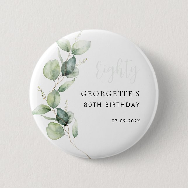 Macaron Rond 5 Cm 80e anniversaire Aquarelle Eucalyptus Script (Devant)