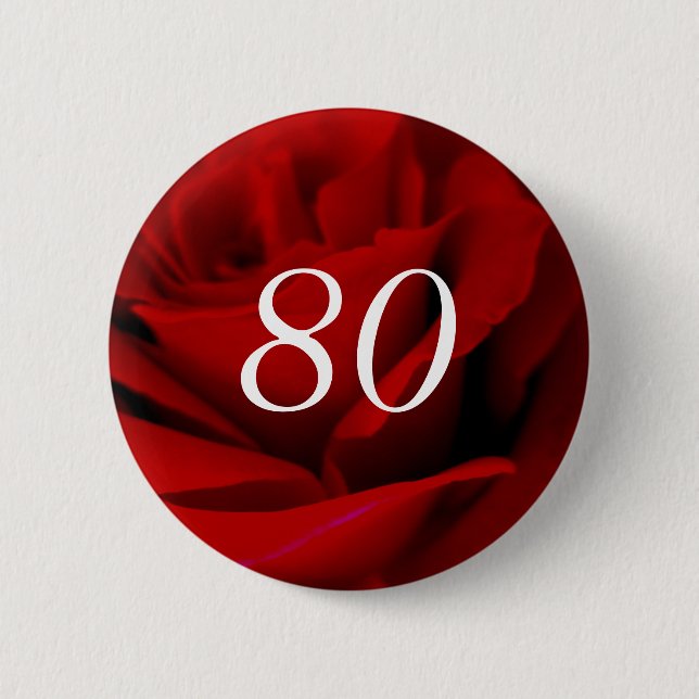 Macaron Rond 5 Cm 80e anniversaire Rose rouge épingle sur le bouton (Devant)