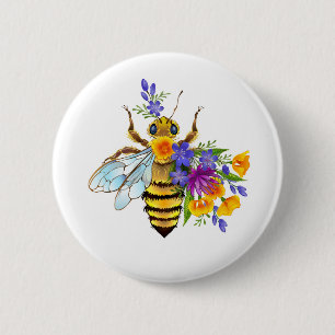 Macaron Rond 5 Cm Abeille à fleurs avec plantes sauvages