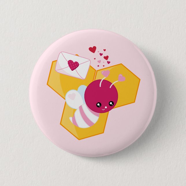 Macaron Rond 5 Cm Abeille mignonne aux Coeurs de Saint-Valentin rose (Devant)