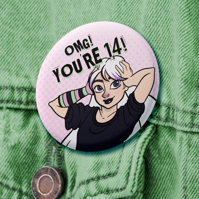 Macaron Rond 5 Cm Ado fille Pink Cartoon Punk 14e anniversaire (Pink birthday pin with cartoon punk girl and graffiti text says 'OMG! You're 14!)